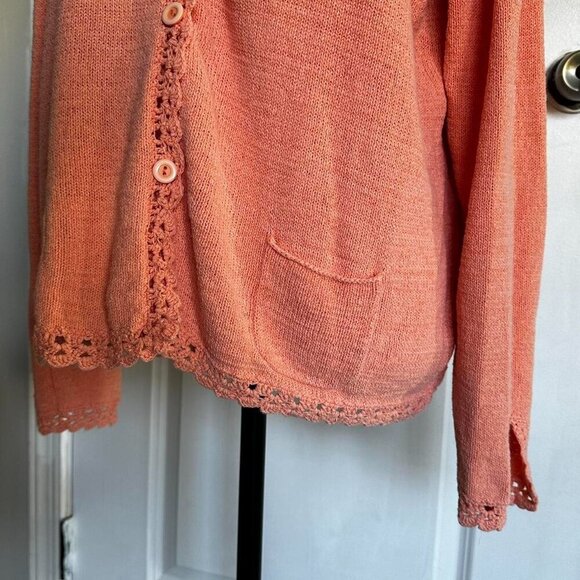 Chadwick's  coral colored knit cardigan with delicate crotchet-style trim - Picture 5 of 7